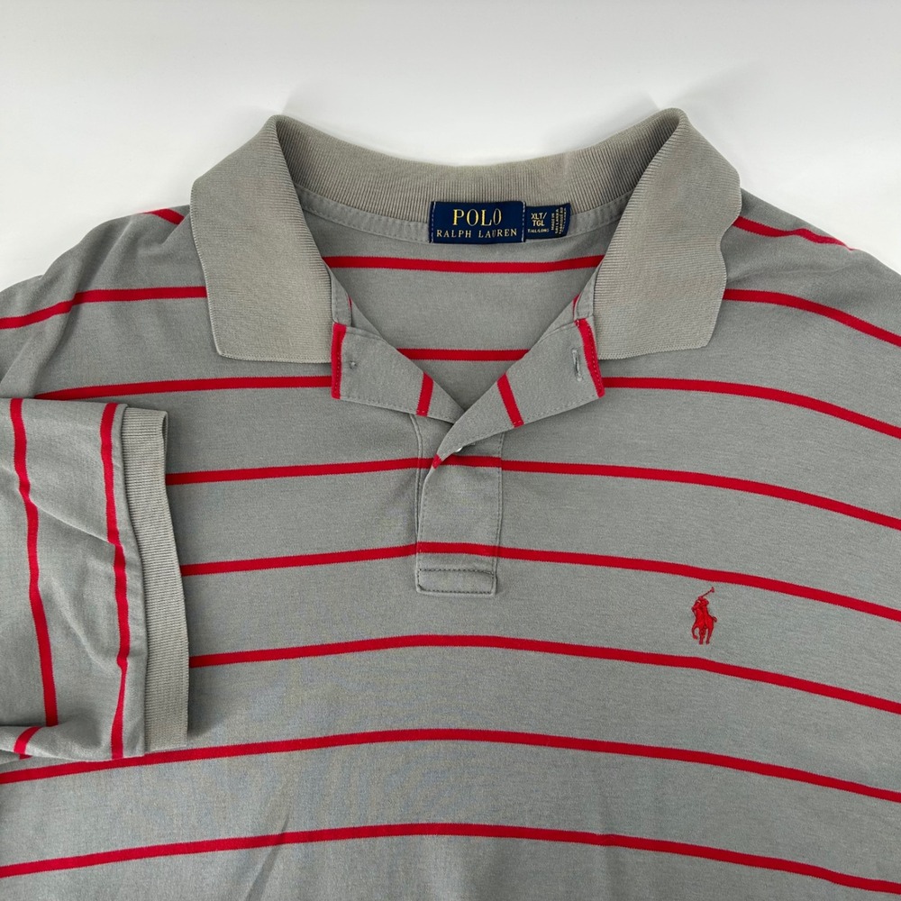Polo Ralph Lauren Polo Shirt Mens XLT Grey Red Striped Cotton Tall Short Sleeve